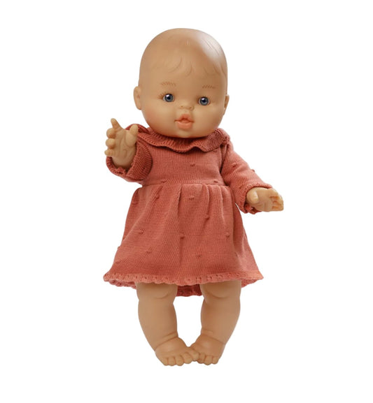 Poupée avec robe en tricot bio, pêche, fille, 34 cm - Les ptites soeurs