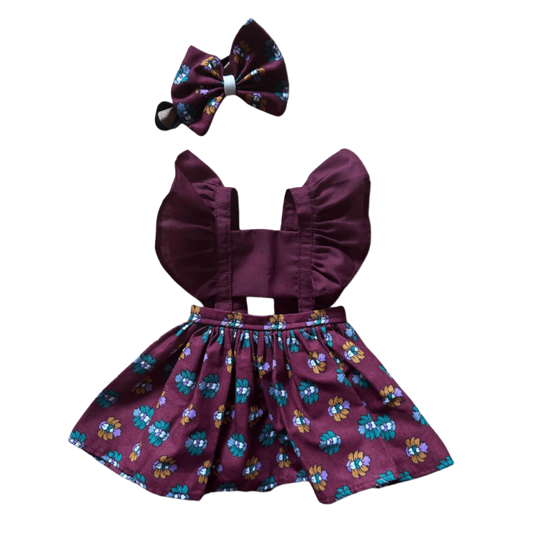 Tenue de poupée - Robe fleurie prune - Les ptites soeurs